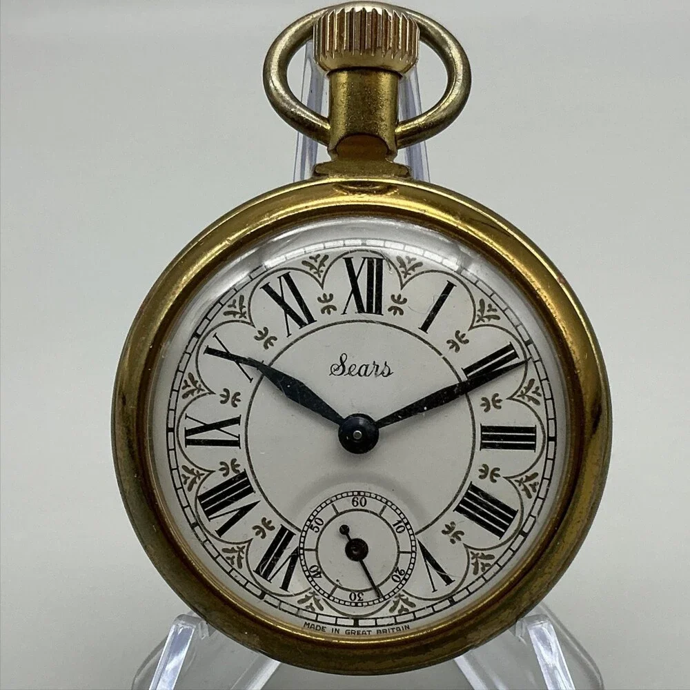 Vintage Sears Pocket Watch Men 50mm White Dial Gold Tone Train Case Manual Runs